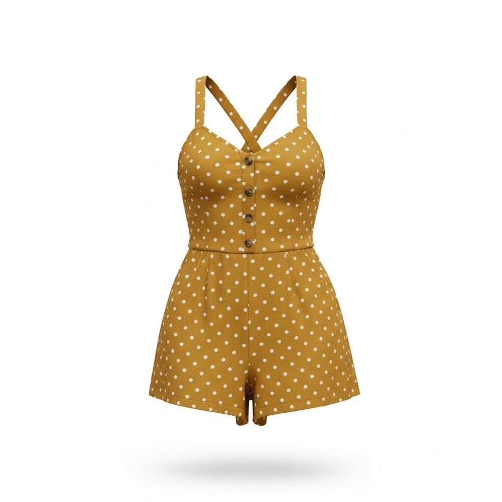 American Eagle Mustard Yellow Polka Dot Romper XS Button Front Cross Back Summer